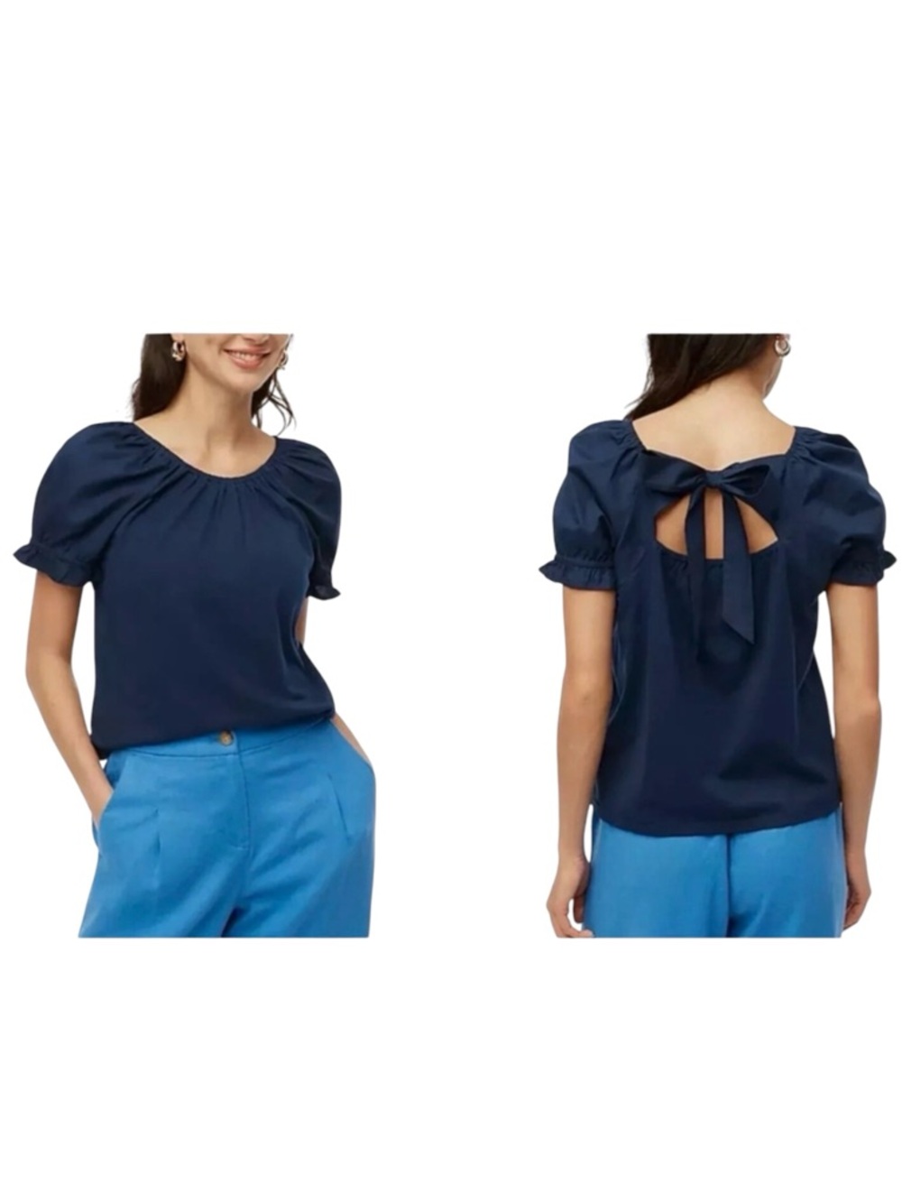 NWT J.Crew Factory 100% Cotton Tie  Back Ruffle Puff Sleeves Navy Blue Top  Sz L